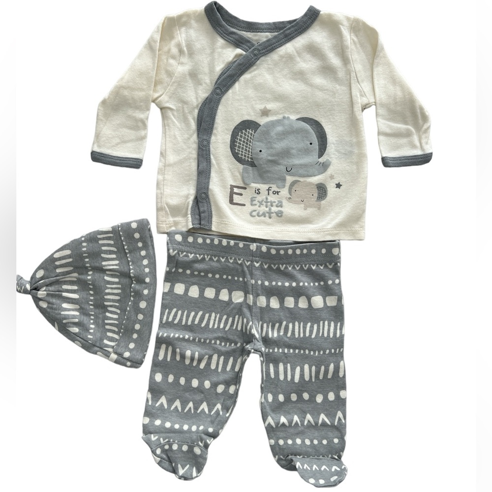 Gerber Newborn 3 piece set Pant Footies Mittens & Hat Cute Elephant 100% Cotton